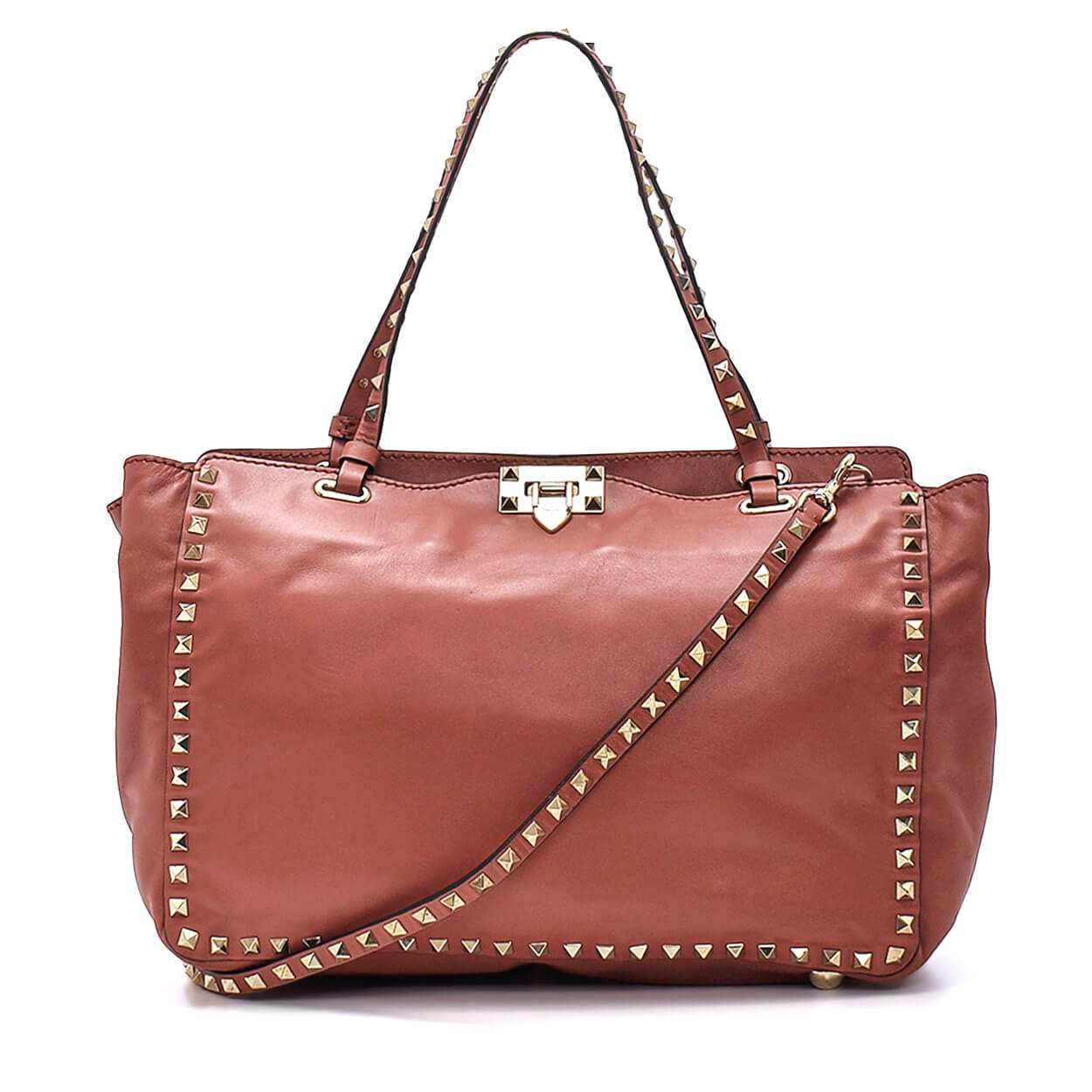 Valentino - Brown Leather Rockstud Trapeze Tote Bag